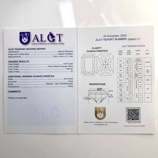 Certificate of 0.54ct Natural Orange-Yellow Diamond, Fancy Intense, Radiant Shape, with I2 Clarity, Perfect for Unique Jewelry Creations.