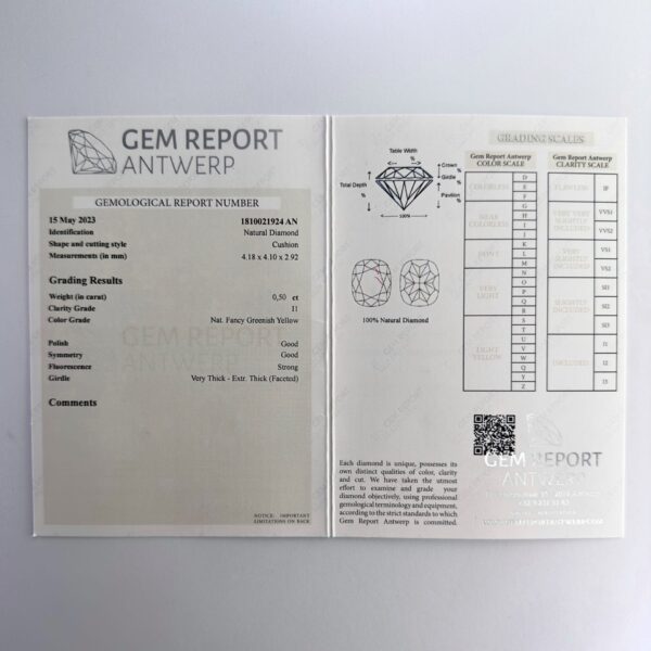 Natural greenish yellow diamond, untreated, with certificate, elegant cut and exceptional brilliance, offering a rare combination of green and yellow hues.